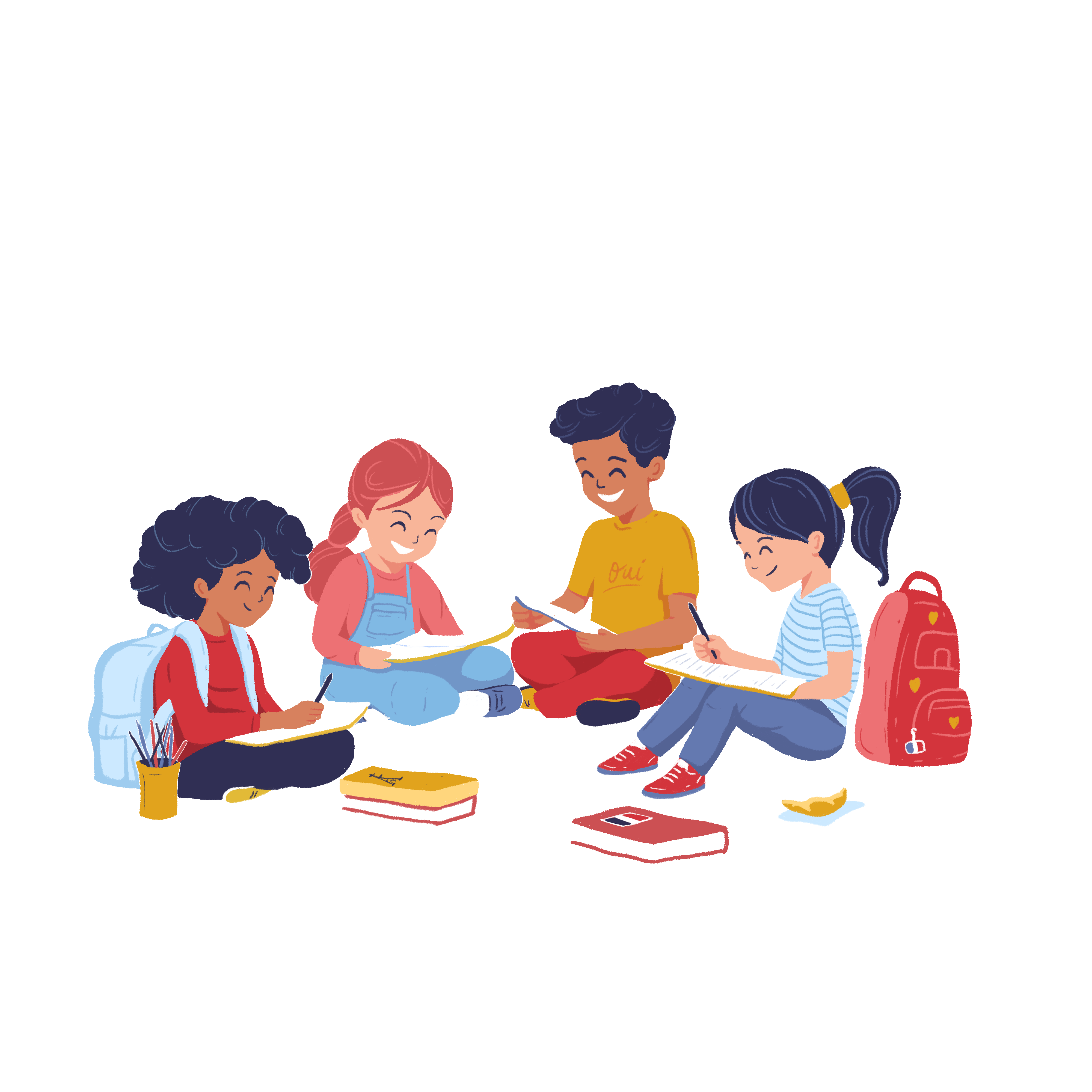 AdolieDay illustration of cartoon students sitting on a school bag.