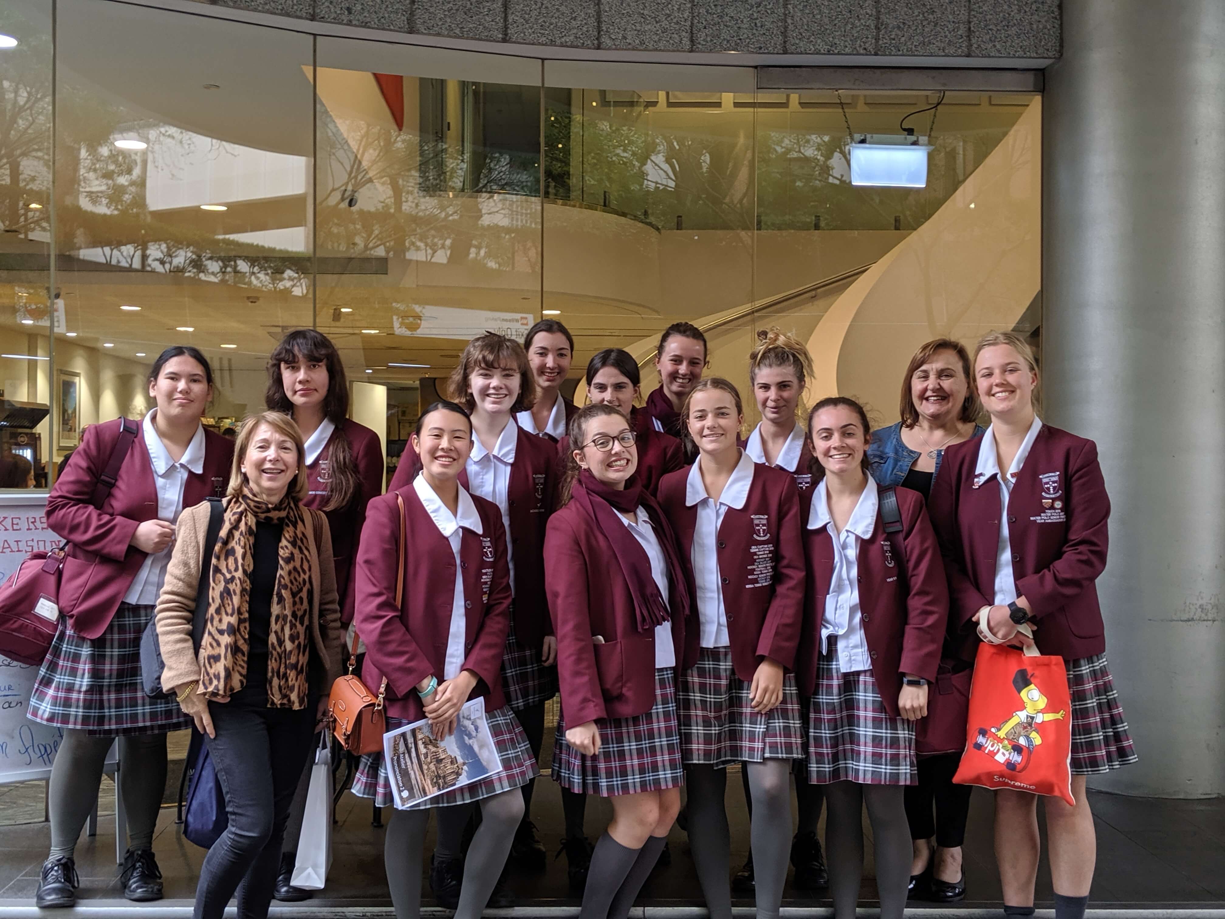 Roseville College pose for a photo outside Alliance Francaise de Sydney after attending a school excursion workshop. 
